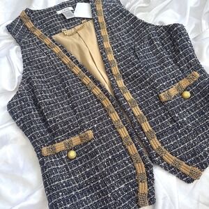 Cache Women Navy Blue Tweed Vest Gold Chain Trim Boucle Size 4 NWT